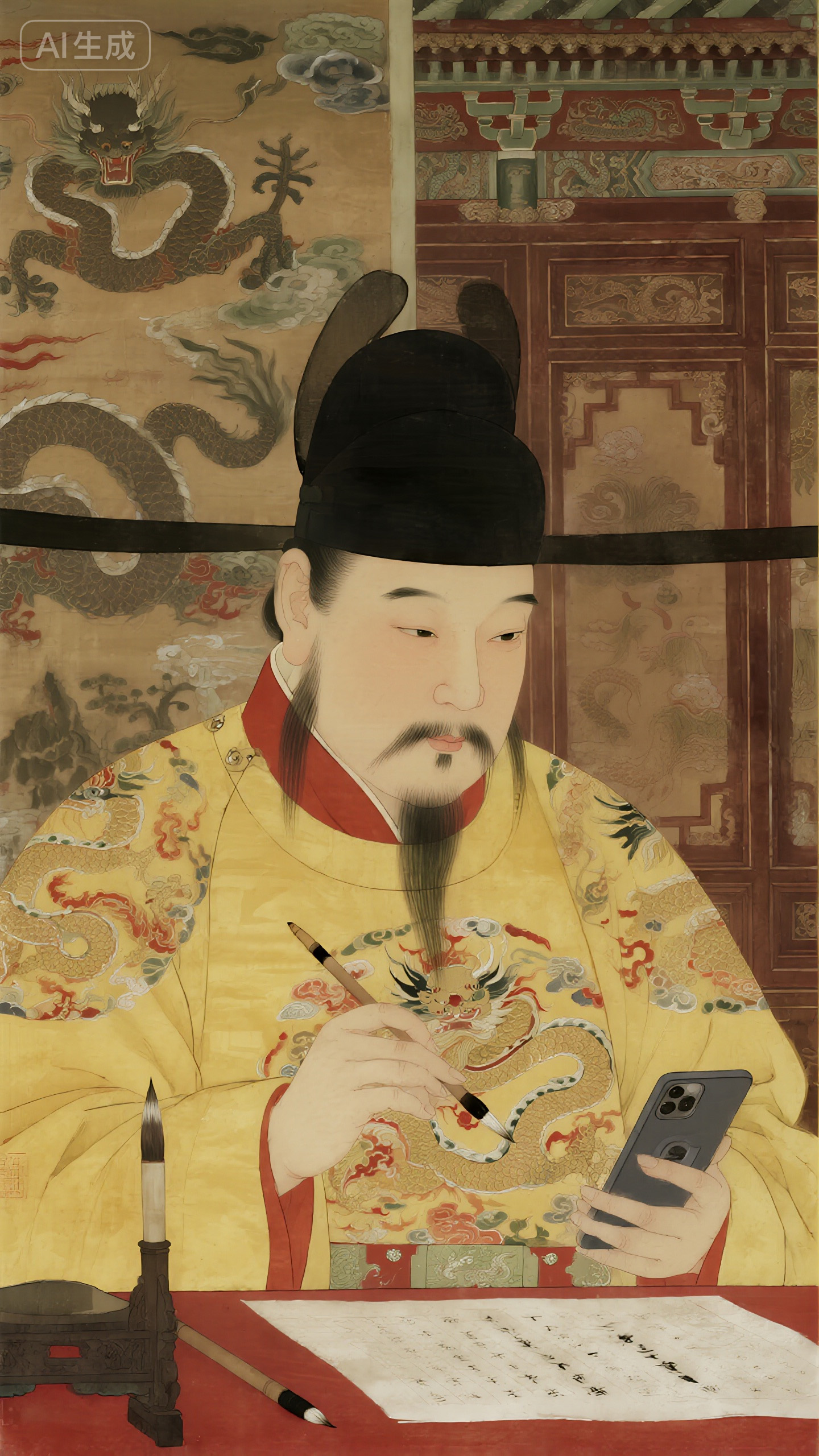 jimeng-2025-10-15-9517-画面以传统中国工笔人物画为基底，呈现出 “古今融合” 的创意场景：一位身着明黄色_.jpg